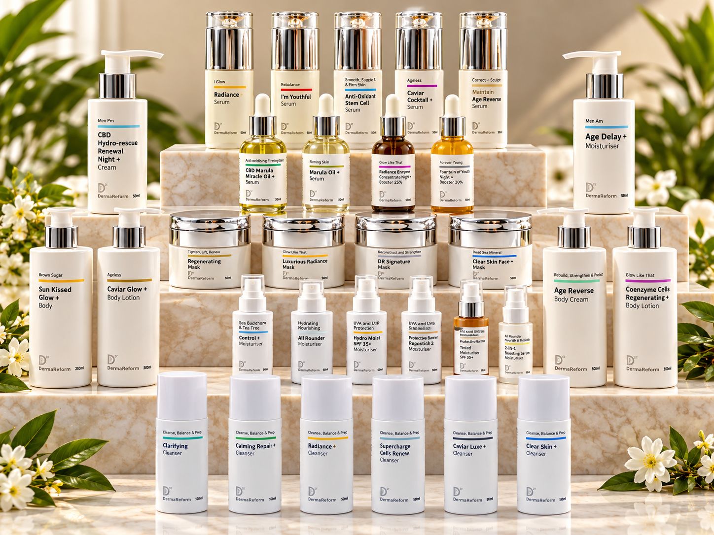 The DermaReform range of serums, moisturisers, masks, cleansers and body care in colour-coded packaging